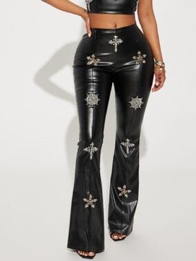 Fashion Nova Black Faux Leather Embellished Flare Pants